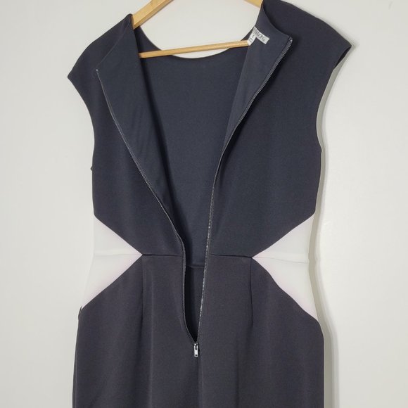 Maggy London Women's Black White Front Asymmetric Slit Darting Sheath Dress 10 - Picture 3 of 13